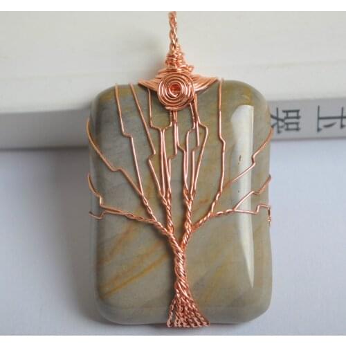 Natural Lucky Ocean Stone Handmade Wire Wrap Tree GEM Pendant Jewelry For Gift S645