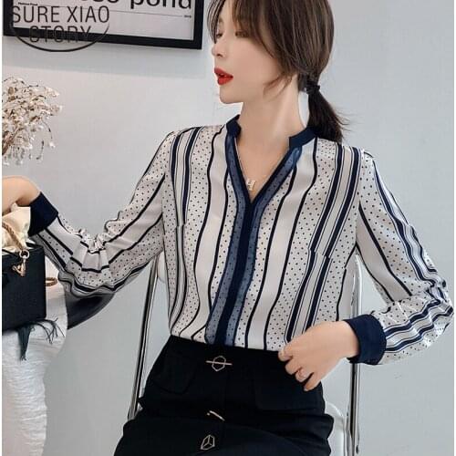 New Slim Stripe Long Sleeve Shirt Female Design Sense Point Ladies Tops Autumn 2021 V-collar Chiffon Women Blouses 6727 50