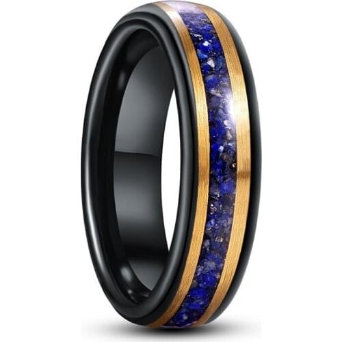 JQueen 6mm Black Gold Color Inlaid Lapis Lazuli Inoxidizable Wedding Rings For Men Tungsten Carbide Ring