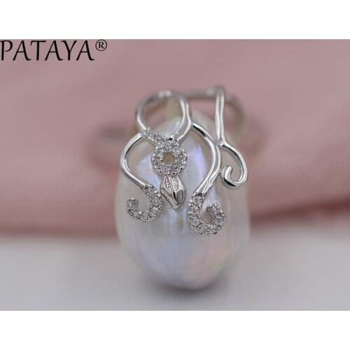 PATAYA New Arrivals Natural Irregular Big Pearls Open Rings True White Gold Natural Zirconia Luxury Wedding Party Trendy Jewelry