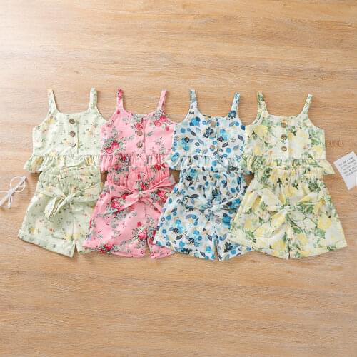 Infant Baby Girls Floral Print Clothes Set Sleeveless Ruffle Hem Cropped Tops + Short Skirt with Bow-knot