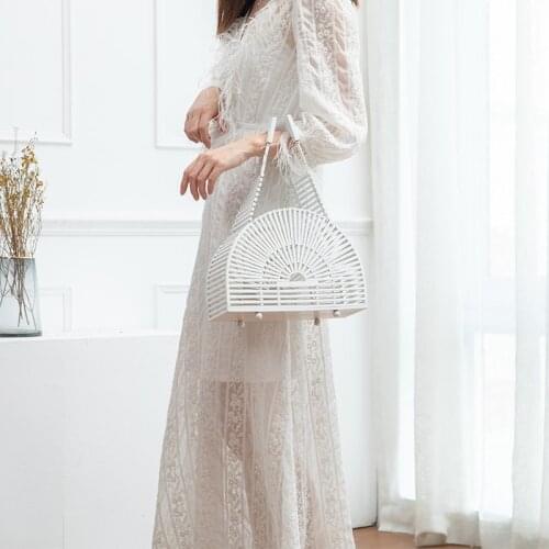 Ins Popular Summer Large Hollow Out Bamboo Handmade Top-handle Bags Women Tote Bag Half Moon Round Clutch Girls Beach Handbag