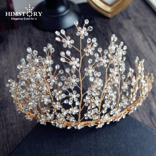 Himstory Handmade Gold Pearl Hairwear Tiaras Crown Flower Vine Branch Bridal Hair Ornaments Wedding Hair Jewelry Accessories