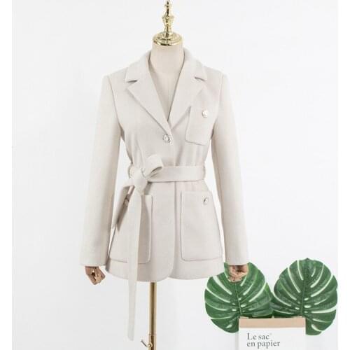 High-waist lace-up thin woolen coat temperament commuter fashion white solid color slim female suit