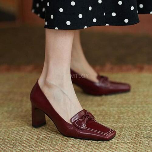 Women Pumps Bridal Wedding Shoes Square Toe Bowknot Thick High Heels Designer Brand Chunky Heels Ladies Office