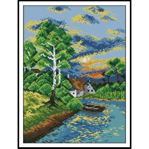 Sunset on The River Joy Sunday Stamped Cross Stitch Kits 14ct 11ct Counted Printed Fabric DIY Embroidery Thread Needlework Sets