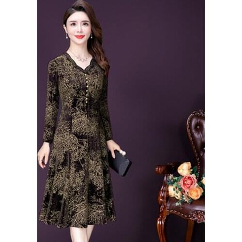 2021 High Quality Autumn Fashion Middle Aged Mother Dresses Woman Party Office Lady Print V-neck Vintage Dress Women Clothes