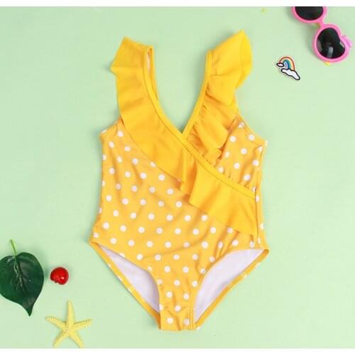 1-6 Y Girl Yellow Swimsuit One Piece Bathing Suit Toddler Kid Beachwear Ruffle Dots Bikini 2021 Cute Beach Quick Dry Swimwear