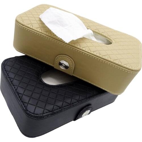 1 Pcs Car Leather Tissue Box With Seat Back Hanging Belt Automotive Multi-use Black/Beige Napkin Case Paper Towel Bag Container