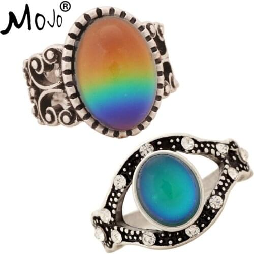 2PCS Antique Silver Plated Color Changing Mood Rings Changing Color Temperature Emotion Feeling Rings Set For Women/Men 003-001