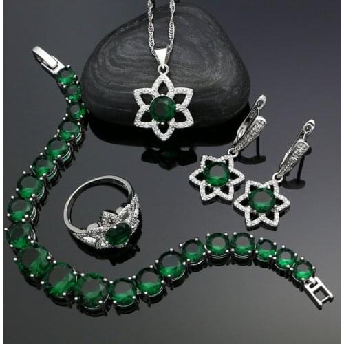925 Silver Jewelry Sets for Women Gift Green Stones White Cubic Zirconia Earrings Pendant Ring Bracelet Necklace Set