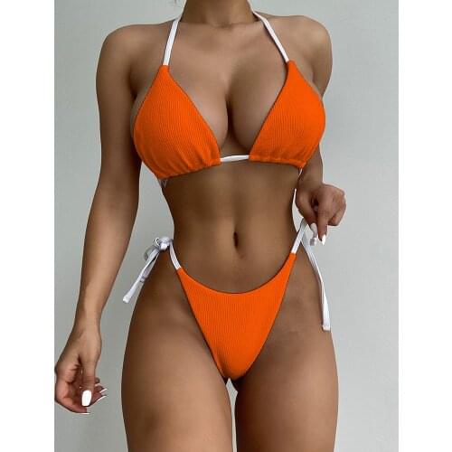 Bandage Bikini 2021 Sexy Lace Up Swimwear Women Swimsuit Female Ribbed Bikini Set Solid Bathing Suit Summer Beach Wear Swim Lady
