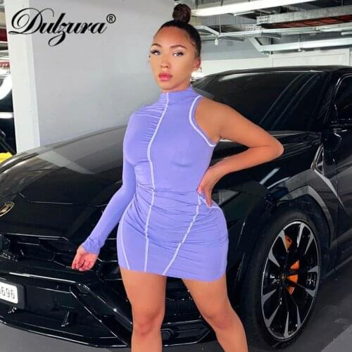 Dulzura Patchwork Women One Shoulder Mini Dress Long Sleeve O Neck Bodycon Sexy Skinny Streetwear Club Fitness Sporty Casual
