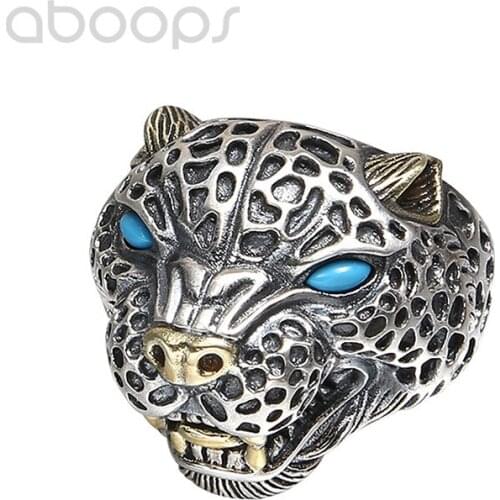 Bicolor 925 Sterling Silver Leopard Head Ring with Red Blue Stone for Men,Adjustable,Free Shipping