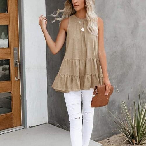Womens Casual Sleeveless Loose T-Shirts Solid Color Pleated Tops O-neck Female Pullover Tops Summer Clothes