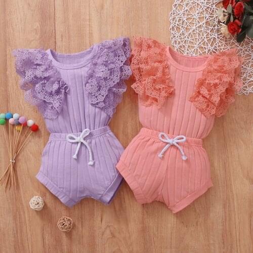 0-18M Cute Newborn Baby Girl Lace Sleeve Solid Color Cotton Bodysuit Tops Bloomers Shorts 2PCS Outfits Summer Clothes Set