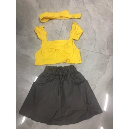 3Pcs Toddler Summer Outfit Newborn Baby Ruffled Bowknot Crop Tops + Elastic Waist Skirt + Hairband for Girls 1-6 Years