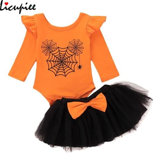 Infant Baby Girl Halloween Clothes Set Autumn Long Sleeve Orange Bodysuit Tutu Lace Bow Skirt Clothing Outfits 0-18 Months