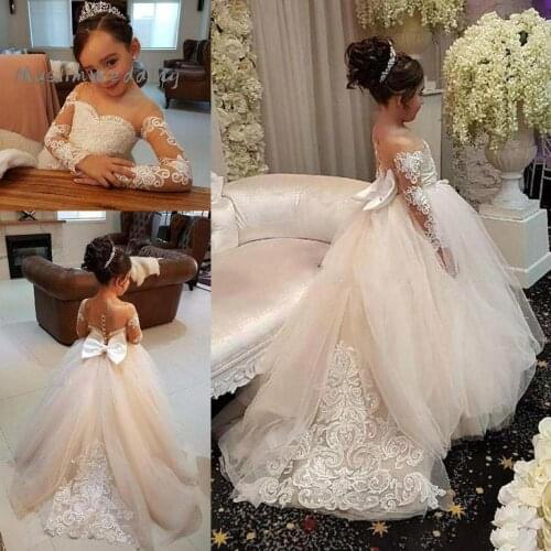 Princess Lace Flower Girls Dresses Illusion Neck Long Sleeve Pageant Little Kids Pageant Dress Cheap Girls Wedding Dress Cheap