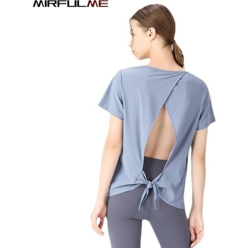 Summer Women Loose Yoga Tops Clothes Short Sleeve Forked Sport T-Shirts Cross Bandage Running Shirt Girls Gym Workout Tee Blouse