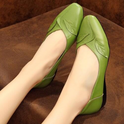 Genuine Leather Flat Sole Summer Women Green Shoes Large Size 41 42