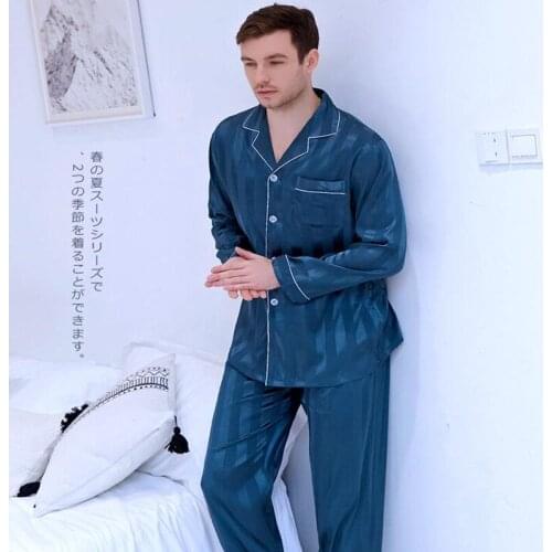 Mens Silk Leisure Suit Household Clothes Long Sleeved All Seasons Homewear Ice Silk Home Set Plus Size Students Youth Suit J026