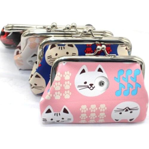 New Snap Jewelry PU Leather 18MM Snap Button Cute Cat Coin Purses Small Wallets Pouch Kids Girl Womens Money Bags