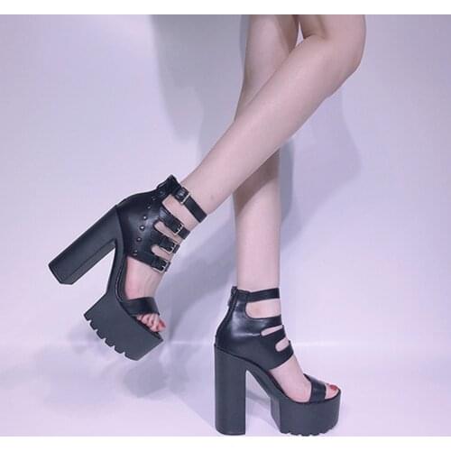 Overheight With Summer New Style Nightclub Gladiator Sandals Casual Buckle Strap Square Heel Cover Heel Fashion 14cm High Heels