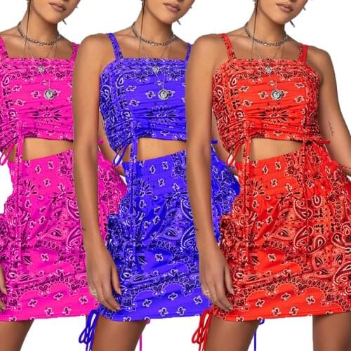 Sexy 2PCS Lace-up Set Printed Straps Sleeveless Camis Tank Elastic Waist Short Skirt with Pocket Girls Summer Short Outfits