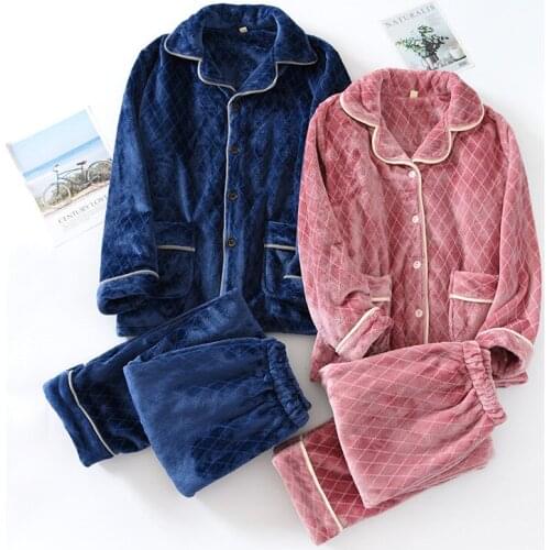 Fdfklak Couples Flannel Pajamas Sets Autumn Winter Bedroom Warm Plush Men Two Pieces Sleepwear Suits Thick Ladies Homewear