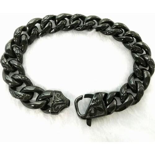 Popular Biker Mens 13mm Wide Black Stainless Steel Curb Cuban Link Chain Casting Bracelet Jewelry Flower Clasp 8.66"