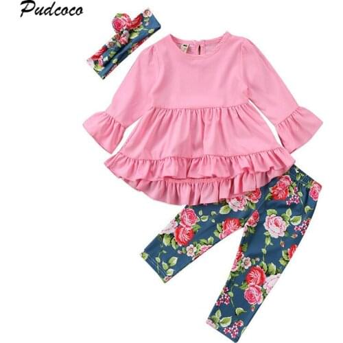 2-7Y Toddler Kids Girl Clothes Ruffles Sleeve Tutu Mini Dress Tops+Floral Pant Legging Headband 3PCS Children Clothing Set