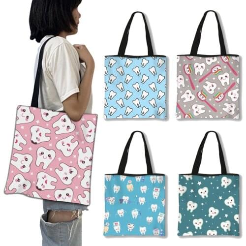 Cute Tooth Fairy Print Handbag Women Casual Tote Bags Teeth Girls Shoulder Travel Bags Dental Hygienist Storage Shopping Bag