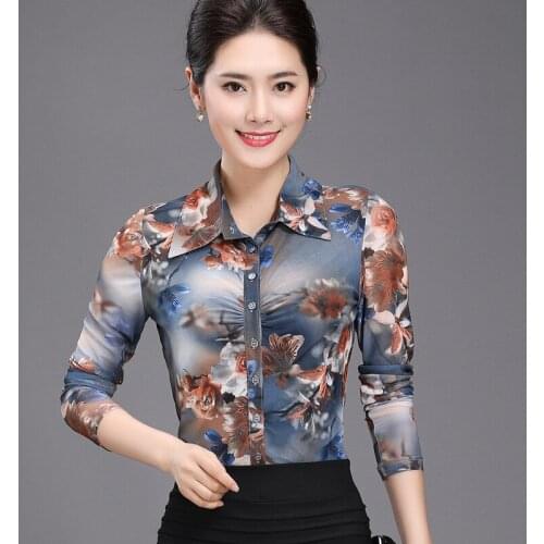 Fall Spring Casual Womens Printed Floral Pattern Full Sleeve Blouse Shirt , Autumn Female Woman Flower 3XL 4XL Mesh Blouses