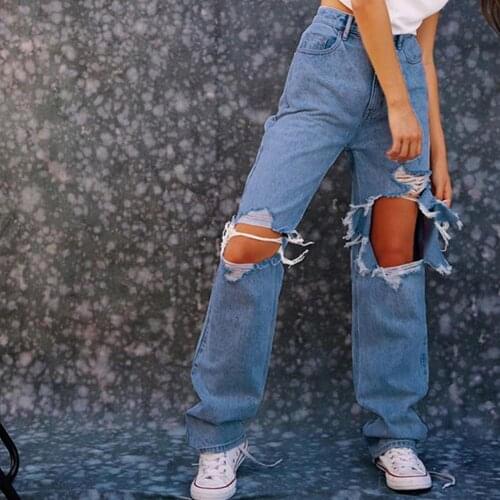 2021 New Ripped Straight Jeans Sweatpants Women Baggy Vintage High Waist Boyfriend Style Sweatpants Distressed 90s Streetwear