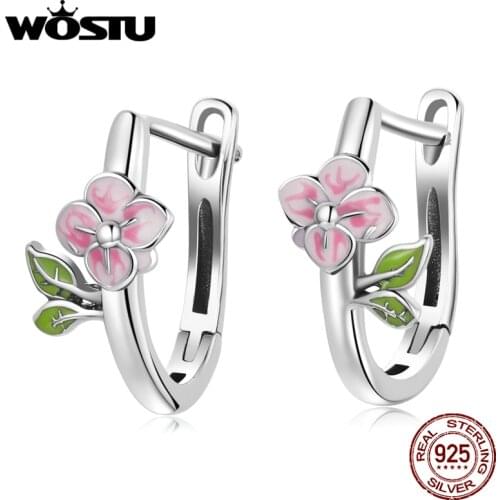 WOSTU 925 Sterling Silver Spring Cherry Blossom Flower Leaf Stud Earrings For Women Fashion Party Jewelry CQE1287