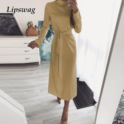 Elegant Women Maxi Party Dress Autumn Long Sleeve Lace-Up Belt Solid Dress Fashion Office Lady Temperament Turtleneck Slim Dress