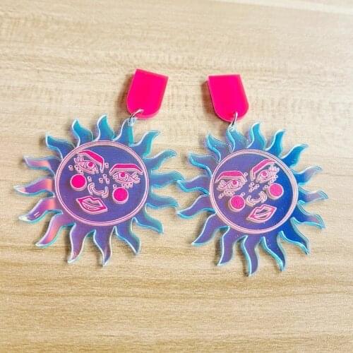 Acrylic laser Iridescent Funky Celestial Tarot Sun Face earrings Joy & HappinessTriumph