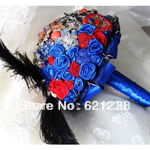 EMS free shipping,Red and blue wedding bride holding flowers / jewelry custom hand flower / retro court style brooch bouquet