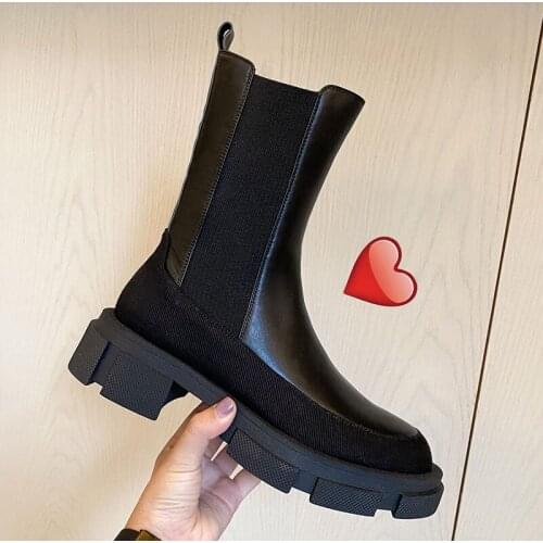 2021 new spring shoes Women ankle boots natural leather 22-25CM cowhide stitching twill Chelsea boots skinny boots black shoes