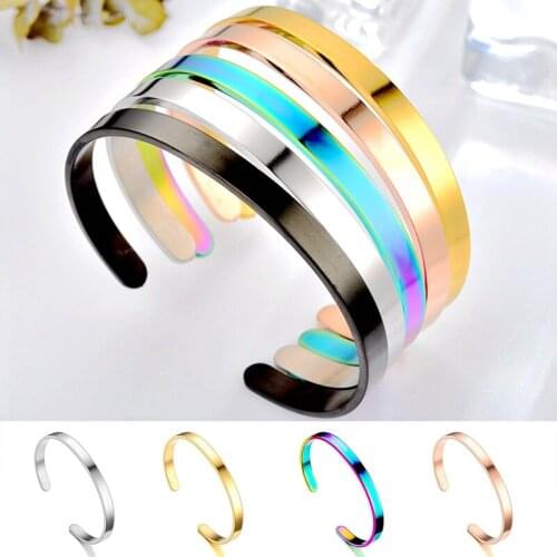 Simple 6mm Width Open Cuff Bangles Stainless Steel Smooth Gold Black Rose Gold Men Women Cuff Bracelet Classic Jewelry Gifts