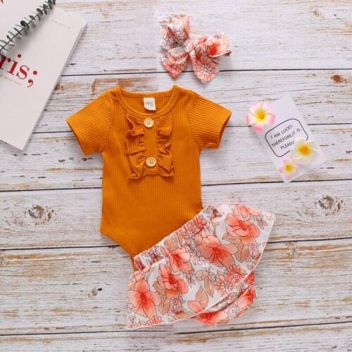 2021 One-piece Girl Floral Print Suit Pit Strip Suit Lace Top + Flower Shorts + Bandana Baby Baby Girl Short Sleeve Suit