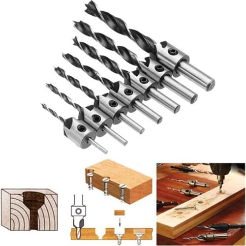 7pcs Chamfer Drill Bits Pliot Hole 3mm-10mm HSS Woodworking Tool Set Carpentry Reamer Chamfer End 5 Flute Milling Hole Wood