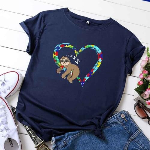 100% Cotton Summer Cartoon Sloth Heart Sleep New Womens T-shirt O-Neck Harajuku Top Casual Female T shirt Oversized Size S-5XL
