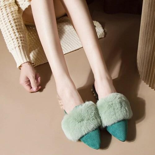 Faux fur decoration slippers women pointed toe pear beading winter slides shoes woman mules flock fur flip flops candy color 108