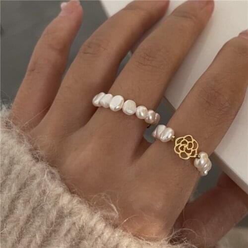 Natural Freshwater Pearl Rings Gold Flower Stretch Beaded Ring Set For Women Girl Handmade Fashion Jewelry Gifts Party Wedding