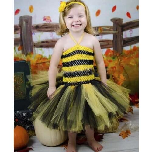 Cute girl yellow bee picture dress baby 2-layer Crochet Tulle dress children role play cartoon Costume Party Dress