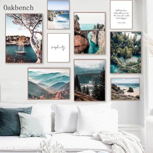 Landscape Mountain Lake Canvas Painting Nordic Fog Forest Wall Art Poster Bridge Ship Print Nature Decorative Picture Home Decor