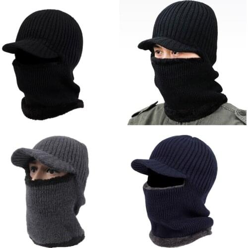 Men Winter Knitted Balaclava Beanie Hat with Windproof Visor Thermal Plush Lining Neck Warmer Cycling Ski Mask Hood Cap