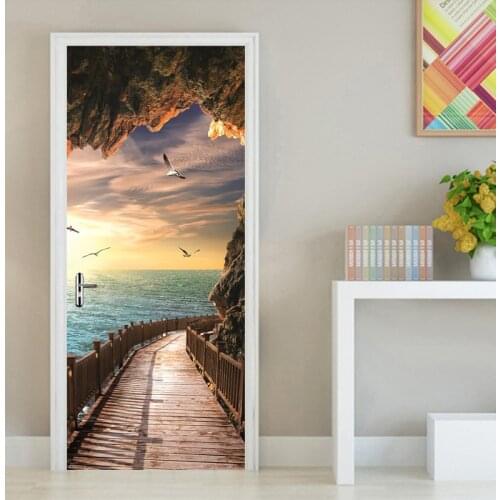 Seaside Nature Landscape 3D Door Sticker Photo Wallpaper Living Room Bedroom Creative DIY Self Adhesive Door Mural PVC Wallpaper